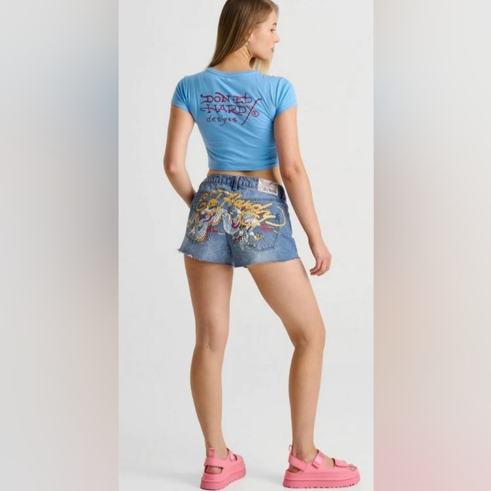 New Ed Hardy Dragon Denim Shorts Mid Rise Size 26 - Picture 8 of 8